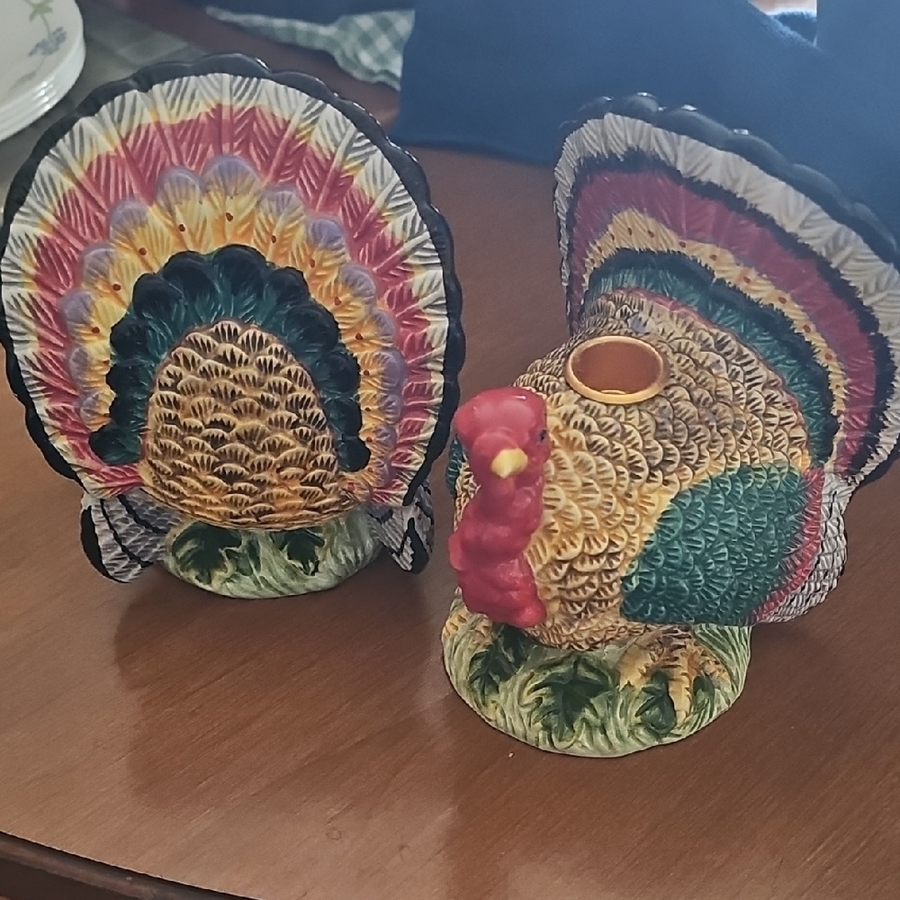 Set Of 2 Colorful Turkey Thanksgiving  Candle Holders